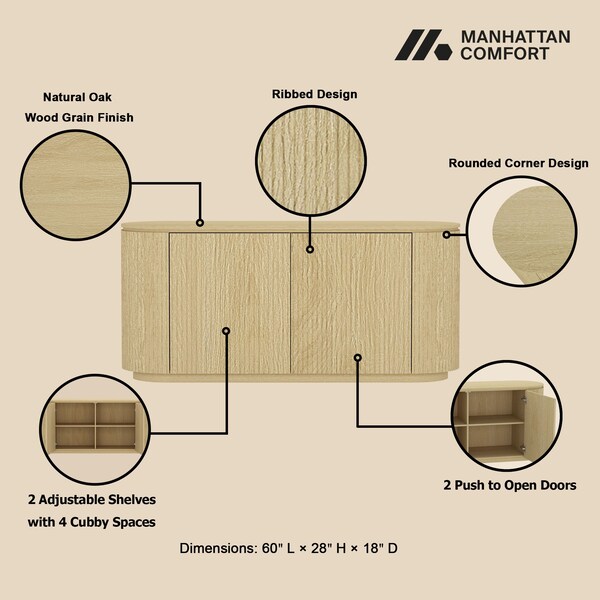 Manhattan Comfort Olivia 60in Sideboard in Natural Oak - SB007-NO
