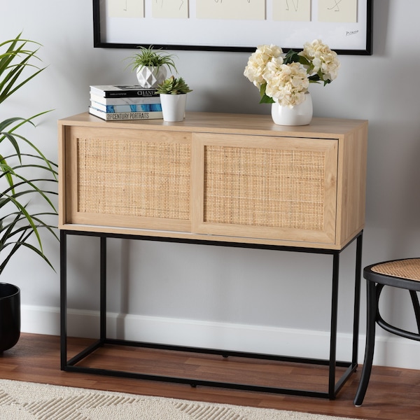 Baxton Studio Amelia MidCentury Transitional Natural Brown Finished Wood and Natural Rattan Sideboard Buffet - 221-12468-ZORO