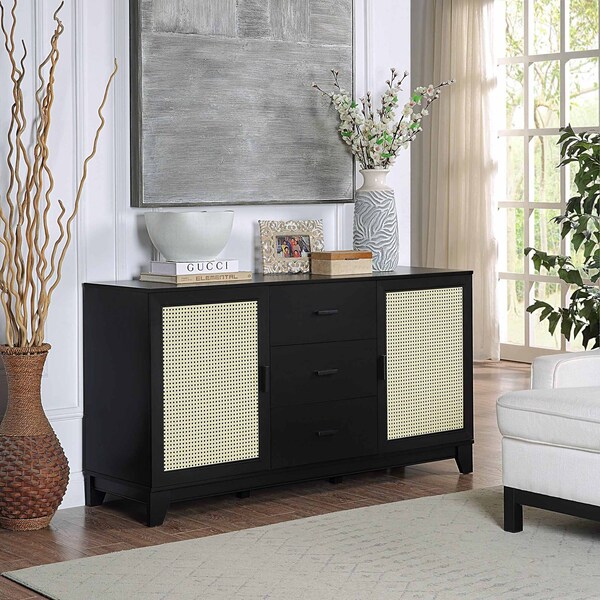 Manhattan Comfort Sheridan 59.05 Modern Cane Sideboard with Adjustable Shelves in Black - SB-4GLF-BK