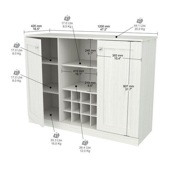 Inval Buffet Cabinet 16.5" D x 47.2" W x 31.7" H in Washed Oak - BF-2216