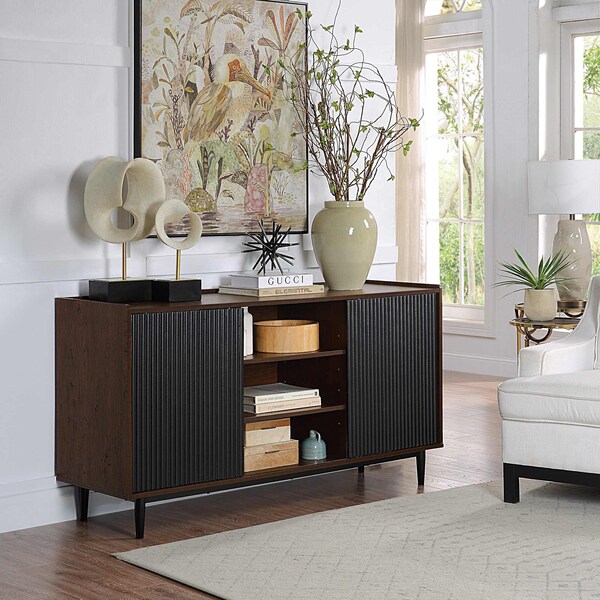Manhattan Comfort Duane 59.05 Modern Ribbed Sideboard with Adjustable Shelves in Dark Brown and Black - SB-9GLF-BK