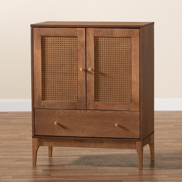 Baxton Studio Ramiel MidCentury Modern Ash Walnut Finished Wood and Rattan 1Drawer Sideboard - 215-12428-ZORO