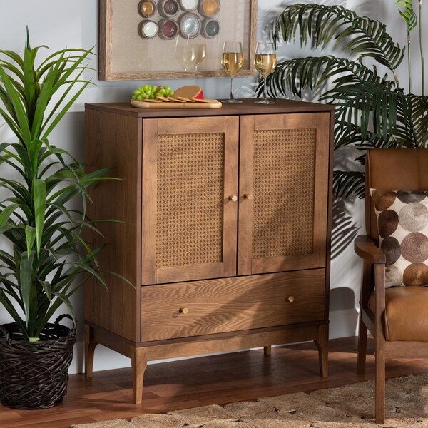 Baxton Studio Ramiel MidCentury Modern Ash Walnut Finished Wood and Rattan 1Drawer Sideboard - 215-12428-ZORO