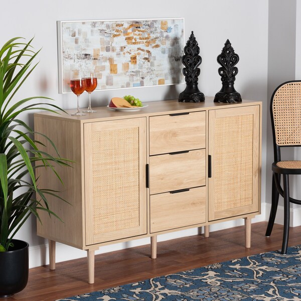 Baxton Studio Harrison MidCentury Modern Natural Brown Finished Wood and Natural Rattan 3Drawer Sideboard - 223-12938-ZORO