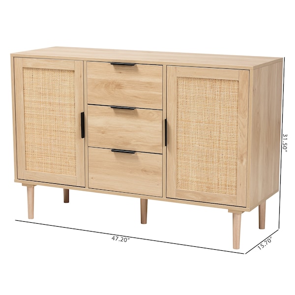 Baxton Studio Harrison MidCentury Modern Natural Brown Finished Wood and Natural Rattan 3Drawer Sideboard - 223-12938-ZORO
