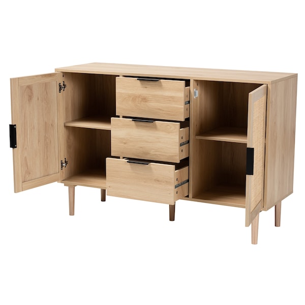 Baxton Studio Harrison MidCentury Modern Natural Brown Finished Wood and Natural Rattan 3Drawer Sideboard - 223-12938-ZORO
