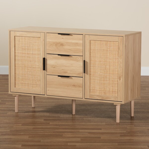 Baxton Studio Harrison MidCentury Modern Natural Brown Finished Wood and Natural Rattan 3Drawer Sideboard - 223-12938-ZORO