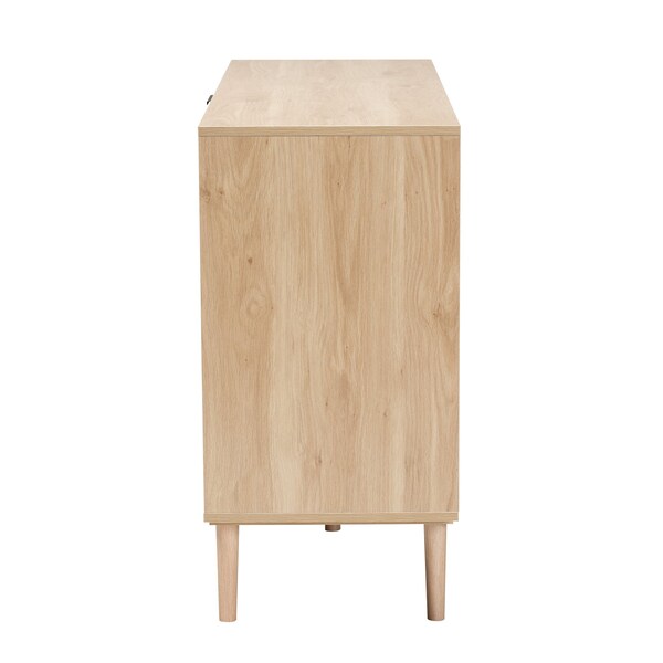 Baxton Studio Harrison MidCentury Modern Natural Brown Finished Wood and Natural Rattan 3Drawer Sideboard - 223-12938-ZORO
