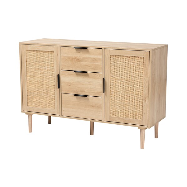 Baxton Studio Harrison MidCentury Modern Natural Brown Finished Wood and Natural Rattan 3Drawer Sideboard - 223-12938-ZORO