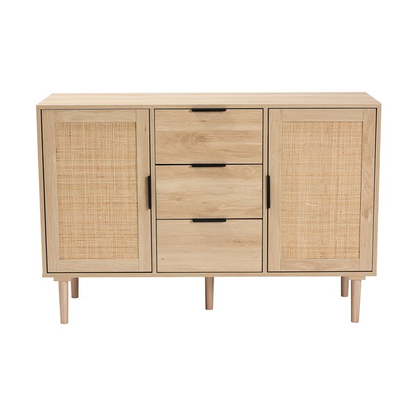 Baxton Studio Harrison MidCentury Modern Natural Brown Finished Wood and Natural Rattan 3Drawer Sideboard - 223-12938-ZORO