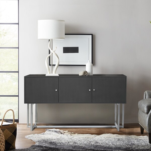 Armen Living Prague Contemporary Buffet in Brushed Stainless Steel Finish and Gray Wood - LCPGBUGR