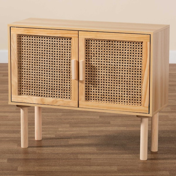 Baxton Studio Maclean Mid-Century Rattan and Natural Brown Finished Wood 2-Door Sideboard Buffet - 199-12314-ZORO