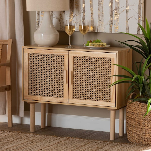 Baxton Studio Maclean Mid-Century Rattan and Natural Brown Finished Wood 2-Door Sideboard Buffet - 199-12314-ZORO