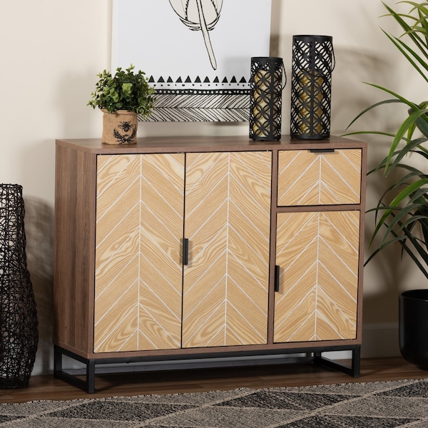 Baxton Studio Josephine MidCentury  Walnut and Natural Brown Finished Wood and Black Metal 3Door Sideboard - 223-12904-ZORO