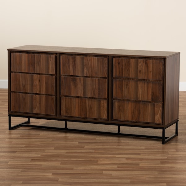Baxton Studio Neil Modern Walnut Brown Finished Wood and Black Finished Metal 3-Door Dining Room Sideboard Buffet - 178-11214-ZORO
