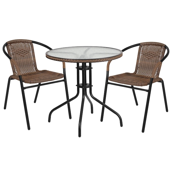 Flash Furniture Round Table Set, 28.75 W, 28.75 L, 28 H, Aluminum, Glass, Metal, Plastic, Rattan, Clear - TLH-087RD-037BN2-GG