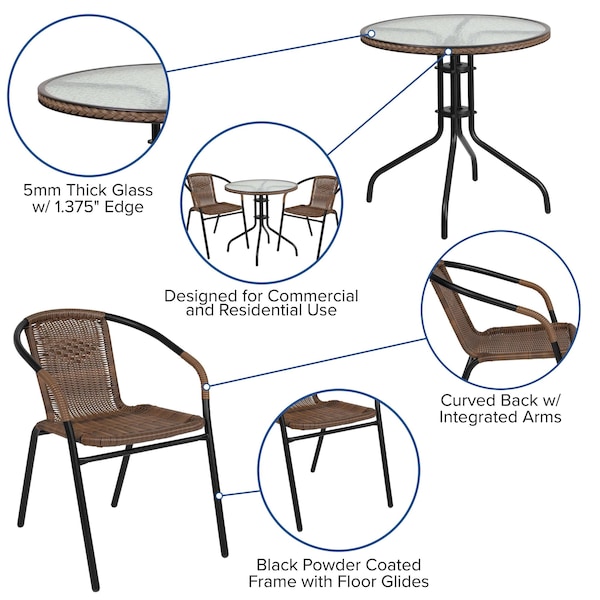 Flash Furniture Round Table Set, 28.75 W, 28.75 L, 28 H, Aluminum, Glass, Metal, Plastic, Rattan, Clear - TLH-087RD-037BN2-GG