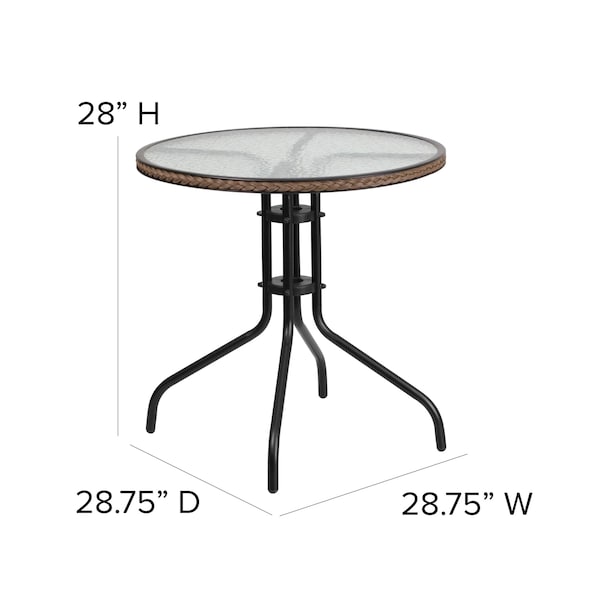 Flash Furniture Round Glass Table, Brown Rattan Edging, Rnd, 28", 28.75 W, 28.75 L, 28 H, Clear - TLH-087-DK-BN-GG