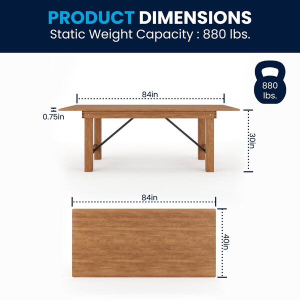 Flash Furniture Rectangle FarmTable, Antique, Rustic, Foldng, 84"X40", 40" W, 84" L, 30" H, Wood, Wood Grain - XA-F-84X40-GG