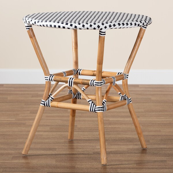 Baxton Studio Tavor Classic French Black and White Weaving and Natural Brown Rattan Dining Table - 210-12699
