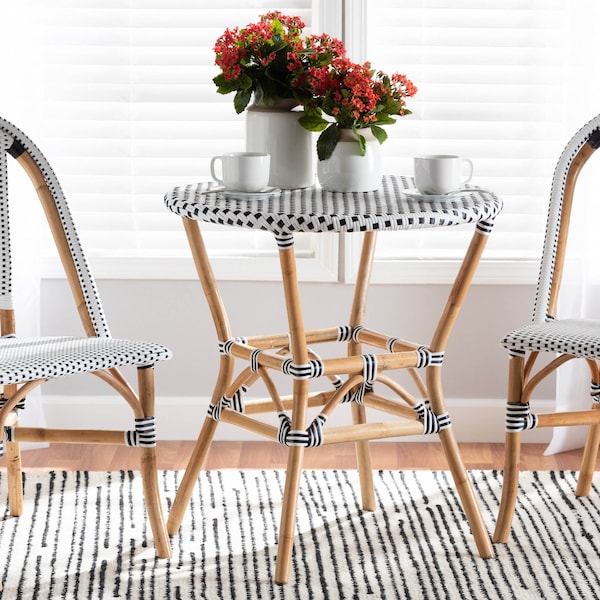 Baxton Studio Tavor Classic French Black and White Weaving and Natural Brown Rattan Dining Table - 210-12699