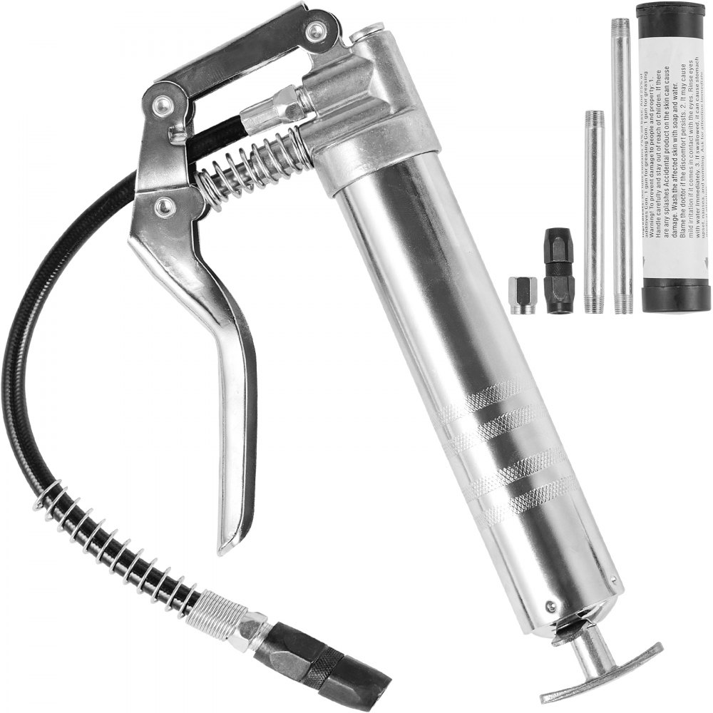 VEVOR Pistol Grip Grease Gun, 3500 PSI, 4 OZ / 120 CC Capacity Heavy Duty Professional Grease Gun, with 11.65 Inch Flexible Hose 2 Black Flat Couplers, 1 Reinforced Nozzle, and 2 Rigid Metal Pipes - SDHYQSQSW12INN429V0
