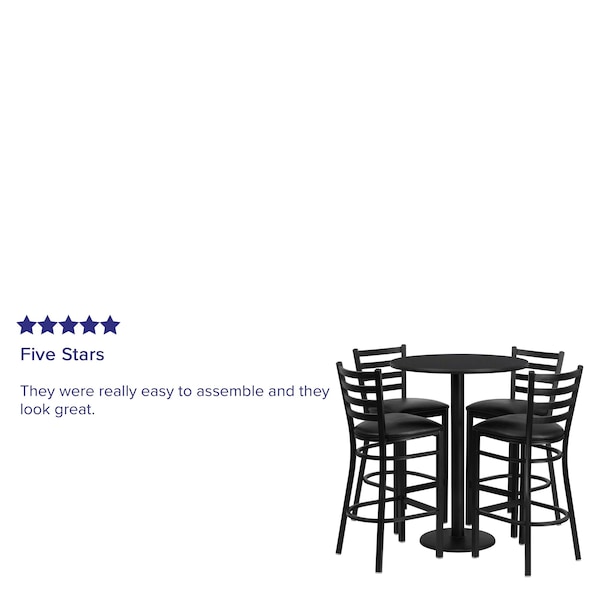 Flash Furniture Round Blk Bar Table, Rnd Base w/Blk Seats, 30", 30" L, 30" W, 42" H, Laminate Top, Wood Grain - RSRB1021-GG