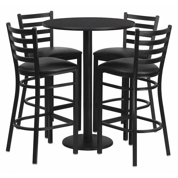 Flash Furniture Round Blk Bar Table, Rnd Base w/Blk Seats, 30", 30" L, 30" W, 42" H, Laminate Top, Wood Grain - RSRB1021-GG