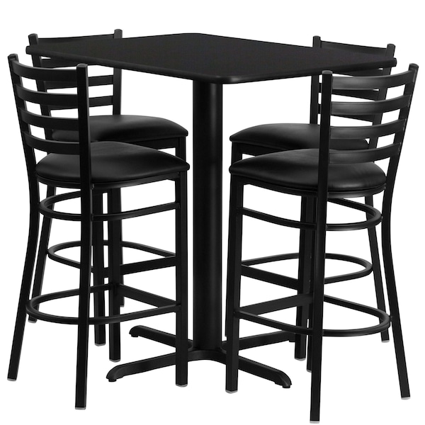Flash Furniture Rectangle Blk Bar Table, Rectngl w/X-Base, Blk Seats, 42" L, 24" W, 42" H, Laminate Top, Wood Grain - HDBF1017-GG