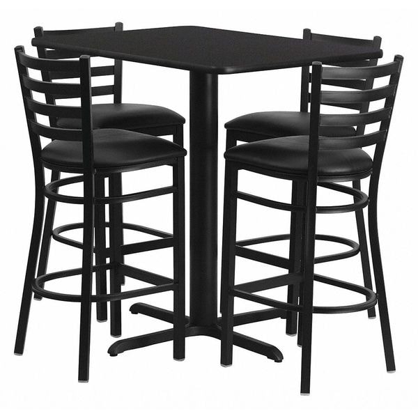 Flash Furniture Rectangle Blk Bar Table, Rectngl w/X-Base, Blk Seats, 42" L, 24" W, 42" H, Laminate Top, Wood Grain - HDBF1017-GG