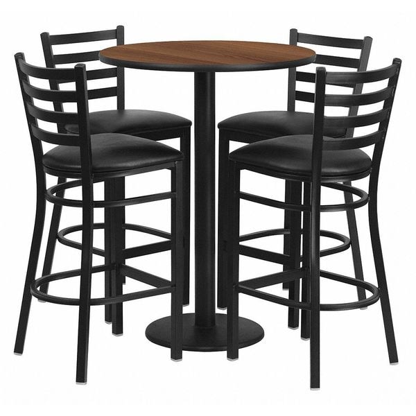 Flash Furniture Round Walnut Bar Table, X-Base w/Black Seats, 30" L, 30" W, 42" H, Laminate Top, Wood Grain - RSRB1024-GG