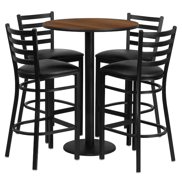 Flash Furniture Round Walnut Bar Table, X-Base w/Black Seats, 30" L, 30" W, 42" H, Laminate Top, Wood Grain - RSRB1024-GG