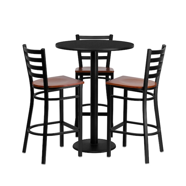 Flash Furniture Round Black Bar Table, X-Base w/Cherry Seats, 30" L, 30" W, 42" H, Laminate Top, Wood Grain - MD-0013-GG