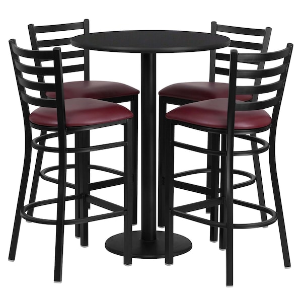 Flash Furniture Round Blk Bar Table, Rnd Base w/Burg Seats, 30", 30" L, 30" W, 42" H, Laminate Top, Wood Grain - RSRB1025-GG