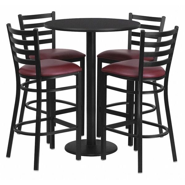 Flash Furniture Round Blk Bar Table, Rnd Base w/Burg Seats, 30", 30" L, 30" W, 42" H, Laminate Top, Wood Grain - RSRB1025-GG