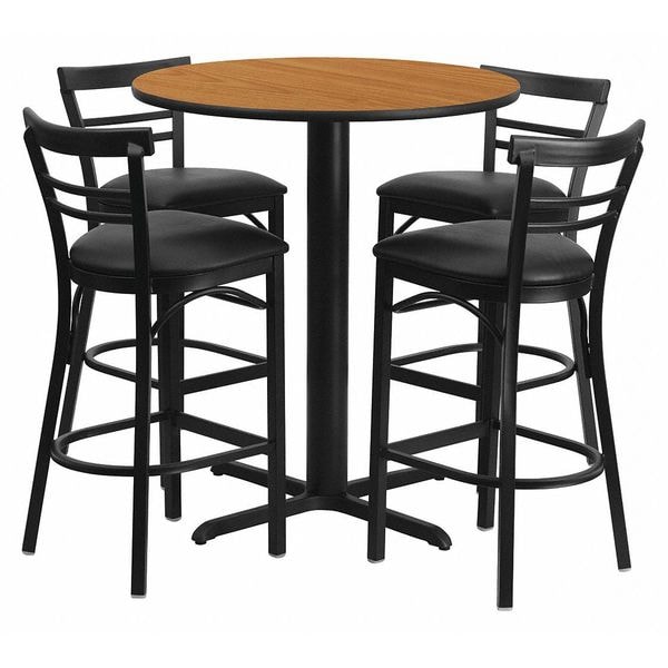 Flash Furniture Round Natural Bar Table, X-Base, Blk Seats, 24", 24" L, 24" W, 42" H, Laminate Top, Wood Grain - HDBF1035-GG