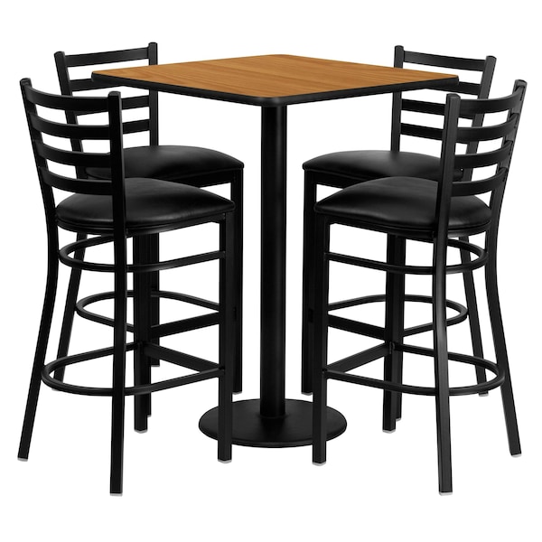Flash Furniture Square Natural Bar Table, Square w/Blk Seats, 30", 30" L, 30" W, 42" H, Laminate Top, Wood Grain - MD-0012-GG