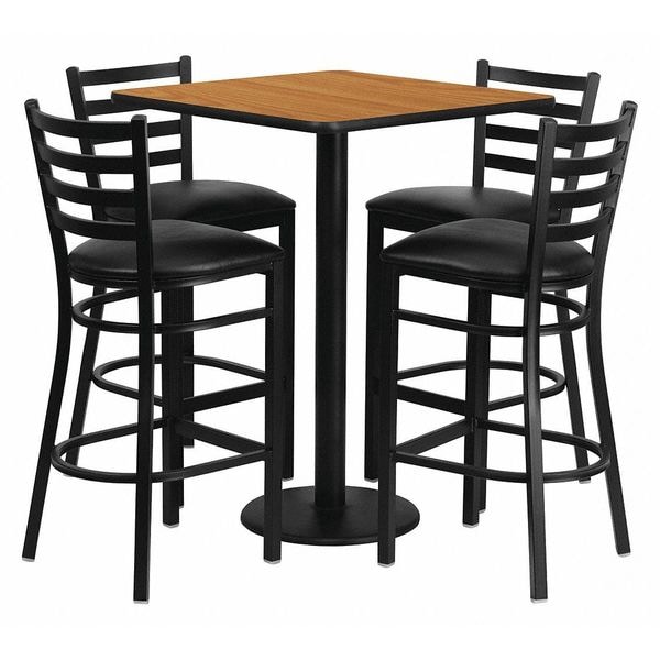 Flash Furniture Square Natural Bar Table, Square w/Blk Seats, 30", 30" L, 30" W, 42" H, Laminate Top, Wood Grain - MD-0012-GG