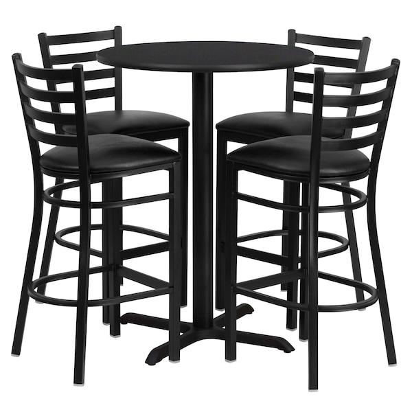 Flash Furniture Round Black Bar Table, X-Base w/Black Seats, 30" L, 30" W, 42" H, Laminate Top, Wood Grain - HDBF1021-GG
