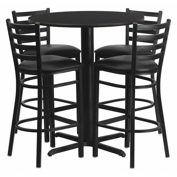 Flash Furniture Round Black Bar Table, X-Base w/Black Seats, 30" L, 30" W, 42" H, Laminate Top, Wood Grain - HDBF1021-GG