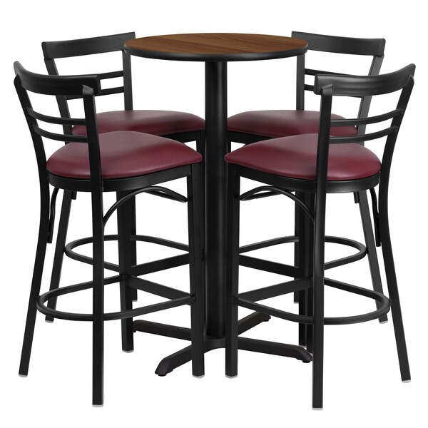 Flash Furniture Round Walnut Bar Table, X-Base w/Burg Seats, 24", 24" L, 24" W, 42" H, Laminate Top, Wood Grain - HDBF1040-GG