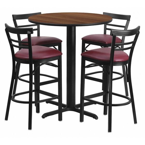 Flash Furniture Round Walnut Bar Table, X-Base w/Burg Seats, 24", 24" L, 24" W, 42" H, Laminate Top, Wood Grain - HDBF1040-GG