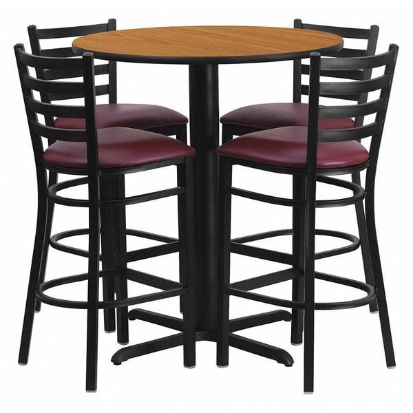Flash Furniture Round Natural Bar Table, X-Base w/Burgndy Seats, 30" L, 30" W, 42" H, Laminate Top, Wood Grain - HDBF1027-GG