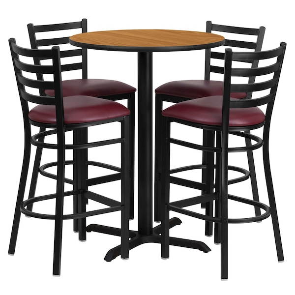 Flash Furniture Round Natural Bar Table, X-Base w/Burgndy Seats, 30" L, 30" W, 42" H, Laminate Top, Wood Grain - HDBF1027-GG