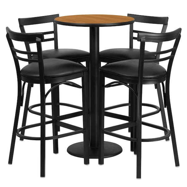 Flash Furniture Round Natural Bar Table, Rnd Base, Blk Seats, 24", 24" L, 24" W, 42" H, Laminate Top, Wood Grain - RSRB1035-GG
