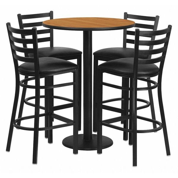 Flash Furniture Round Natural Bar Table, X-Base w/Black Seats, 30" L, 30" W, 42" H, Laminate Top, Wood Grain - RSRB1023-GG