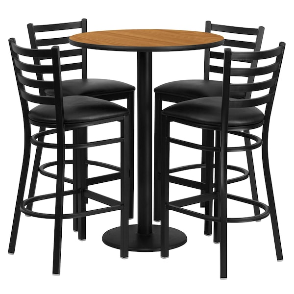 Flash Furniture Round Natural Bar Table, X-Base w/Black Seats, 30" L, 30" W, 42" H, Laminate Top, Wood Grain - RSRB1023-GG