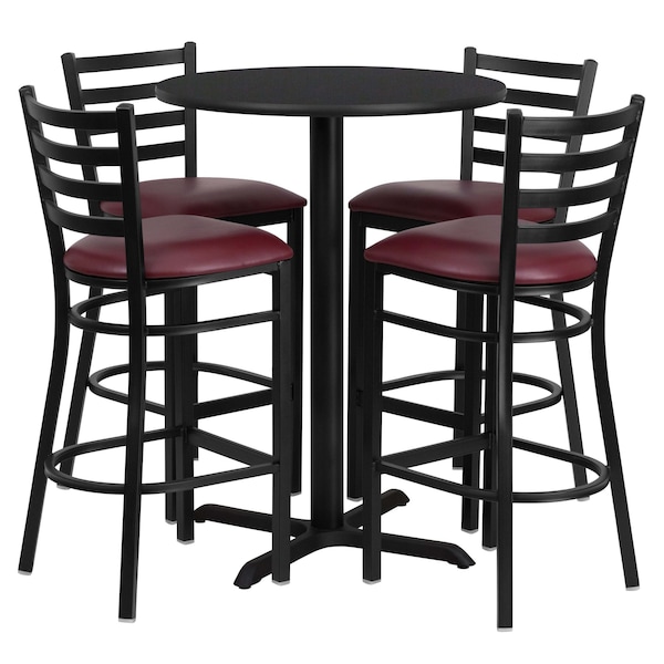 Flash Furniture Round Black Bar Table, X-Base w/Burgundy Seats, 30" L, 30" W, 42" H, Laminate Top, Wood Grain - HDBF1025-GG