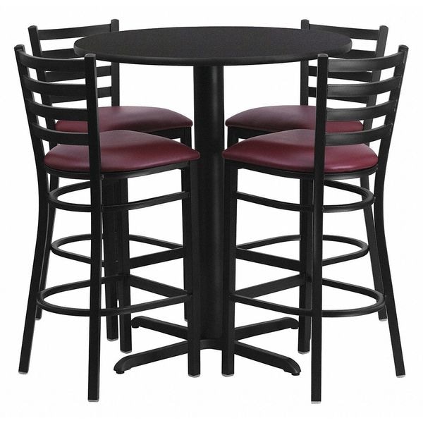 Flash Furniture Round Black Bar Table, X-Base w/Burgundy Seats, 30" L, 30" W, 42" H, Laminate Top, Wood Grain - HDBF1025-GG