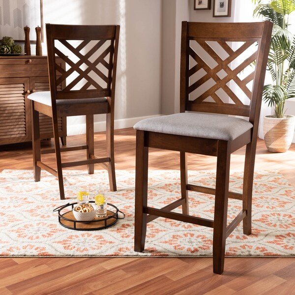 Baxton Studio Caron Grey Upholstered Walnut Wood 2-PC Counter Height Pub Chair Set - 161-9886